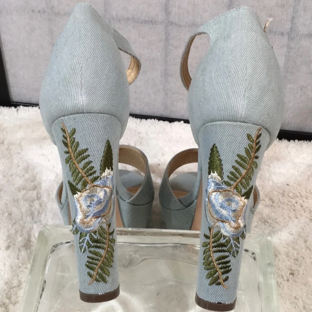Jacobies denim embroidered platform heels